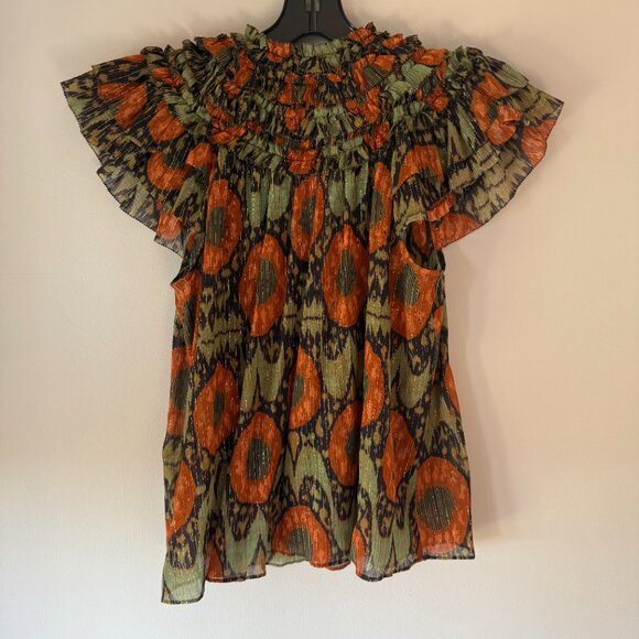 Ulla Johnson Flutter Blouse in Green, Orange and Metallic Print - Picture 3 of 4
